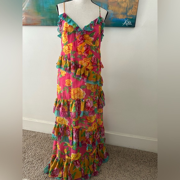 Betsey Johnson NWT Rare Vintage Silk Pink Yellow Roses Tiered Ruffle Maxi Dress - Picture 3 of 14